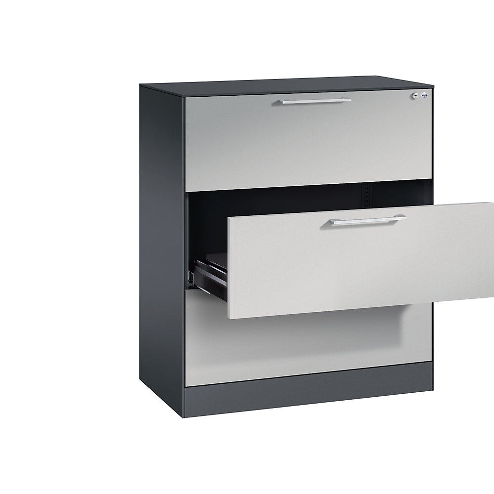 C+P Archiefkast ASISTO, hoogte 992 mm, met 3 lades, A4 liggend, zwartgrijs/blank aluminiumkleurig