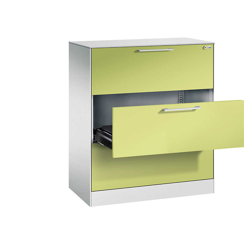 C+P Archiefkast ASISTO, hoogte 992 mm, met 3 lades, A4 liggend, lichtgrijs/felgroen