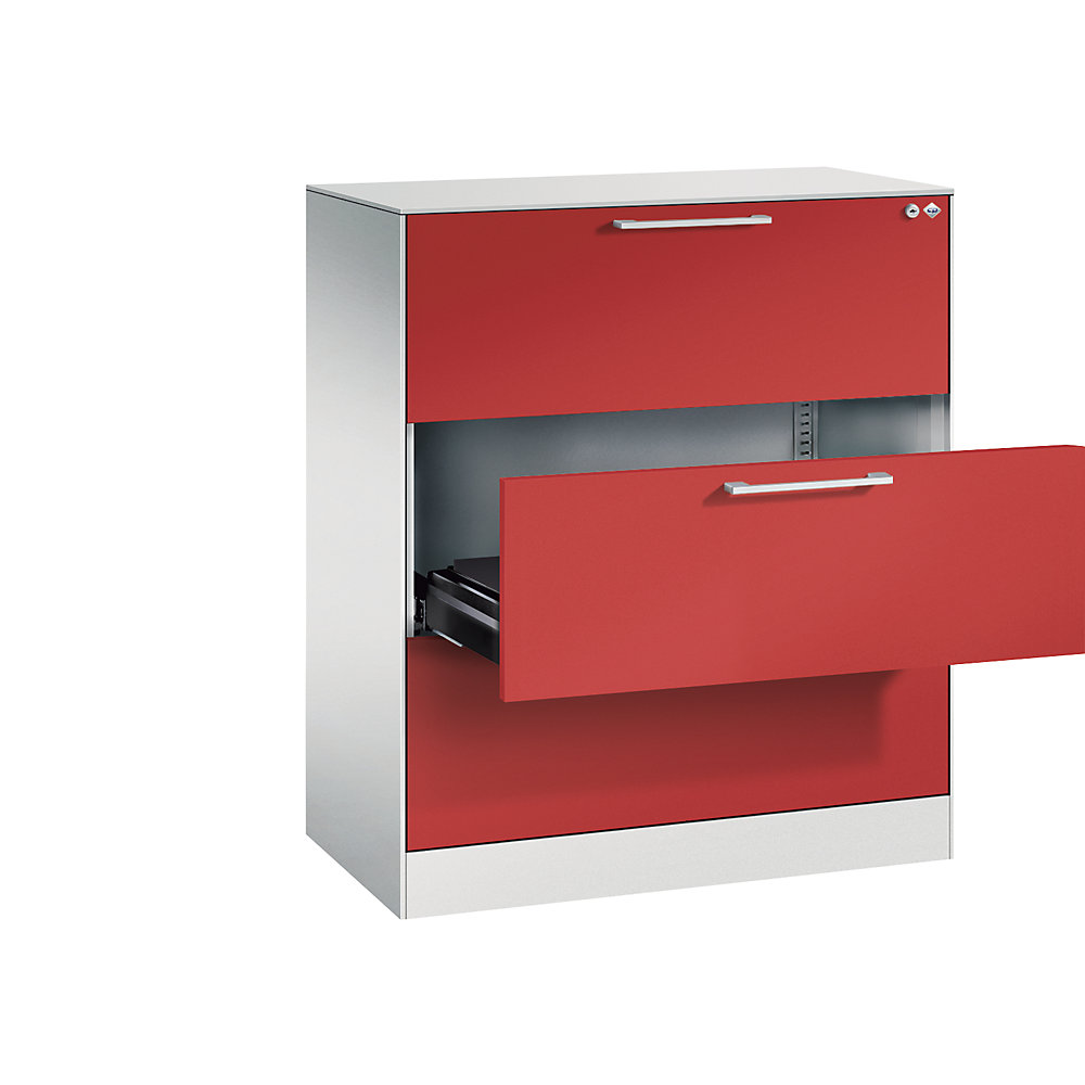 C+P Archiefkast ASISTO, hoogte 992 mm, met 3 lades, A4 liggend, lichtgrijs/vuurrood