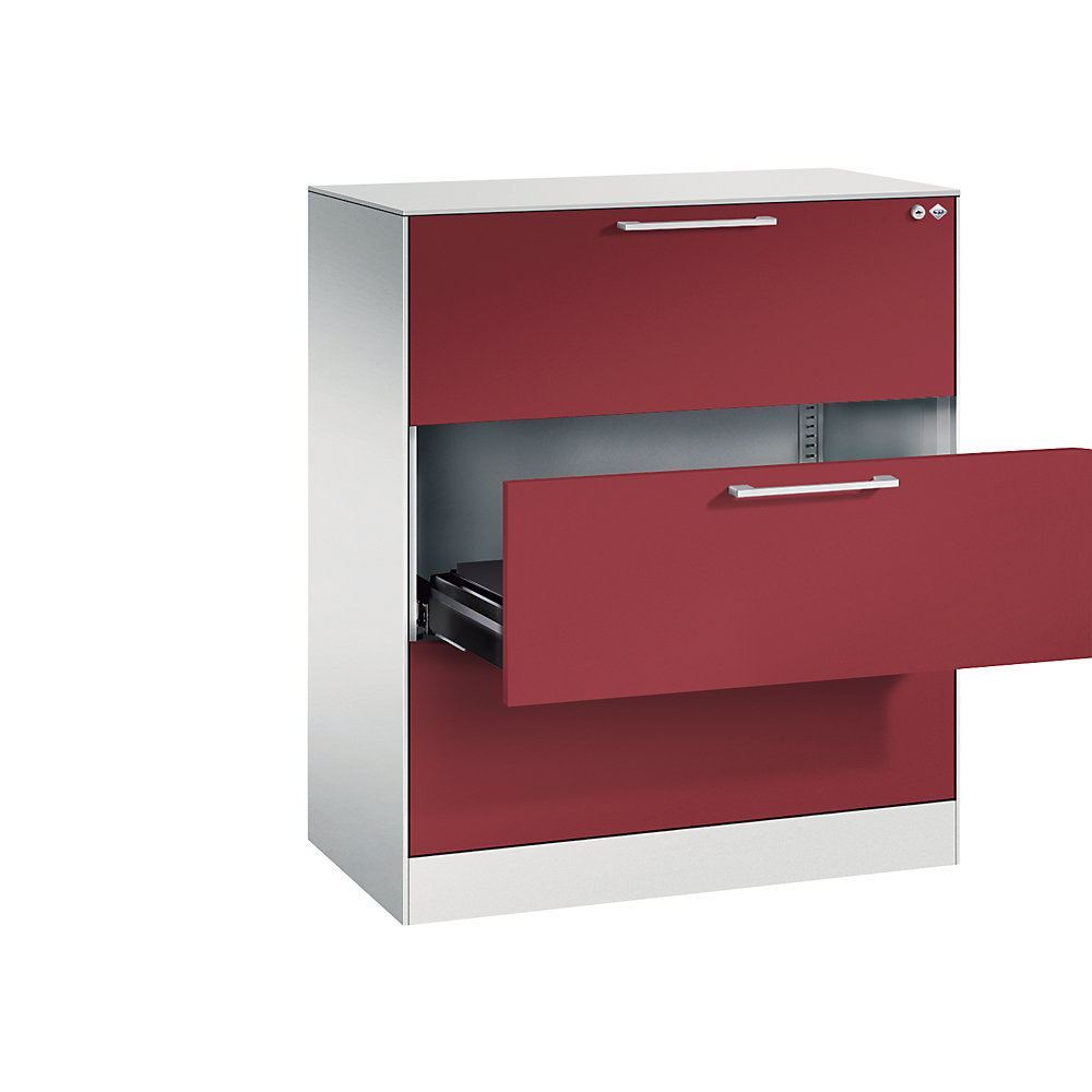 C+P Archiefkast ASISTO, hoogte 992 mm, met 3 lades, A4 liggend, lichtgrijs/robijnrood
