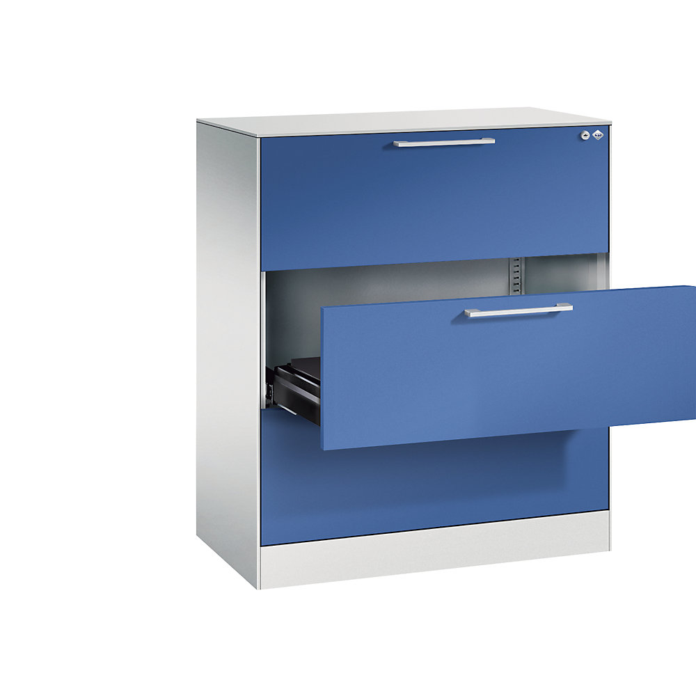 C+P Archiefkast ASISTO, hoogte 992 mm, met 3 lades, A4 liggend, lichtgrijs/gentiaanblauw