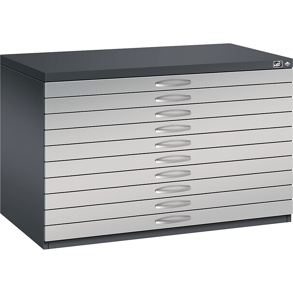 C+P Tekeningkast, A1, 10 laden, hoogte 760 mm, zwartgrijs/blank aluminiumkleurig