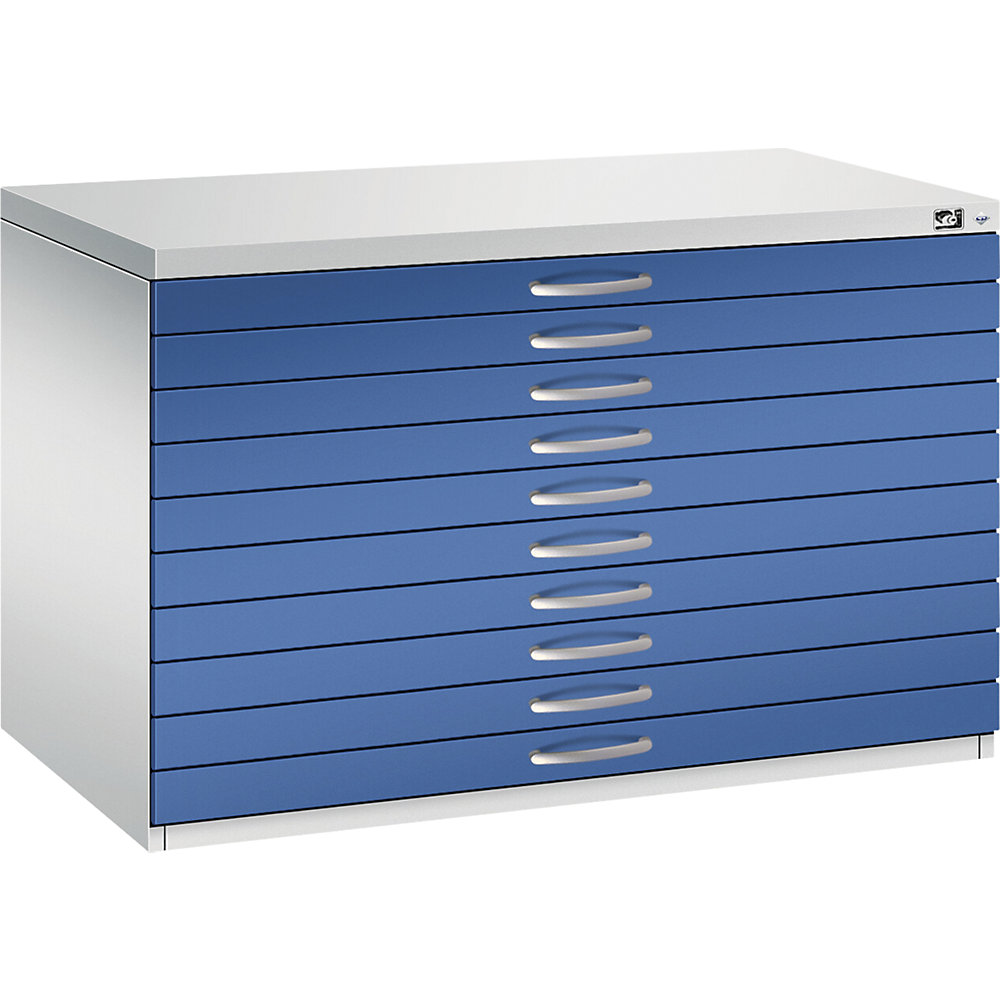 C+P Tekeningkast, A1, 10 laden, hoogte 760 mm, lichtgrijs/gentiaanblauw