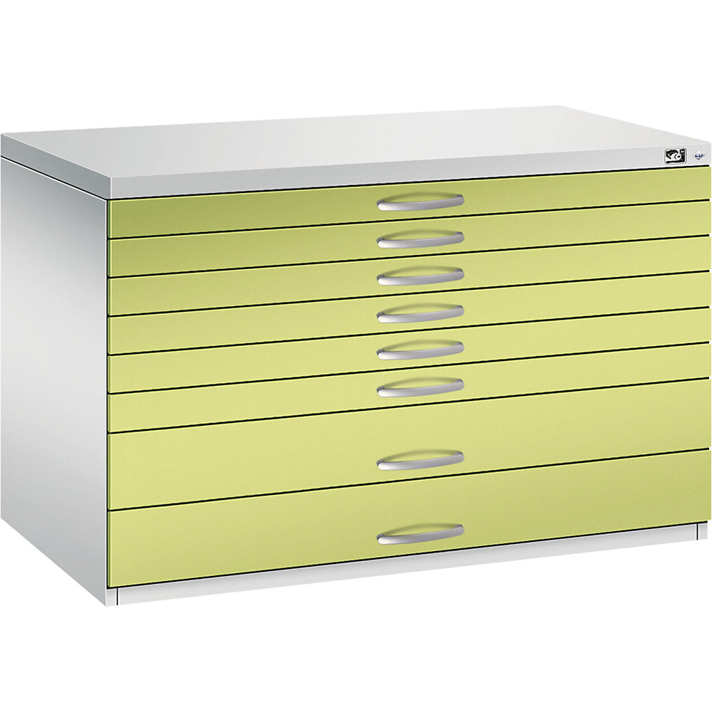C+P Tekeningkast, A1, 8 laden, hoogte 760 mm, lichtgrijs/felgroen