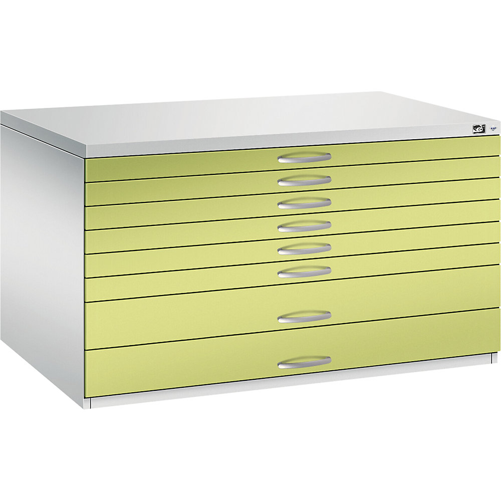 C+P Tekeningkast, A0, 8 laden, hoogte 760 mm, lichtgrijs/felgroen