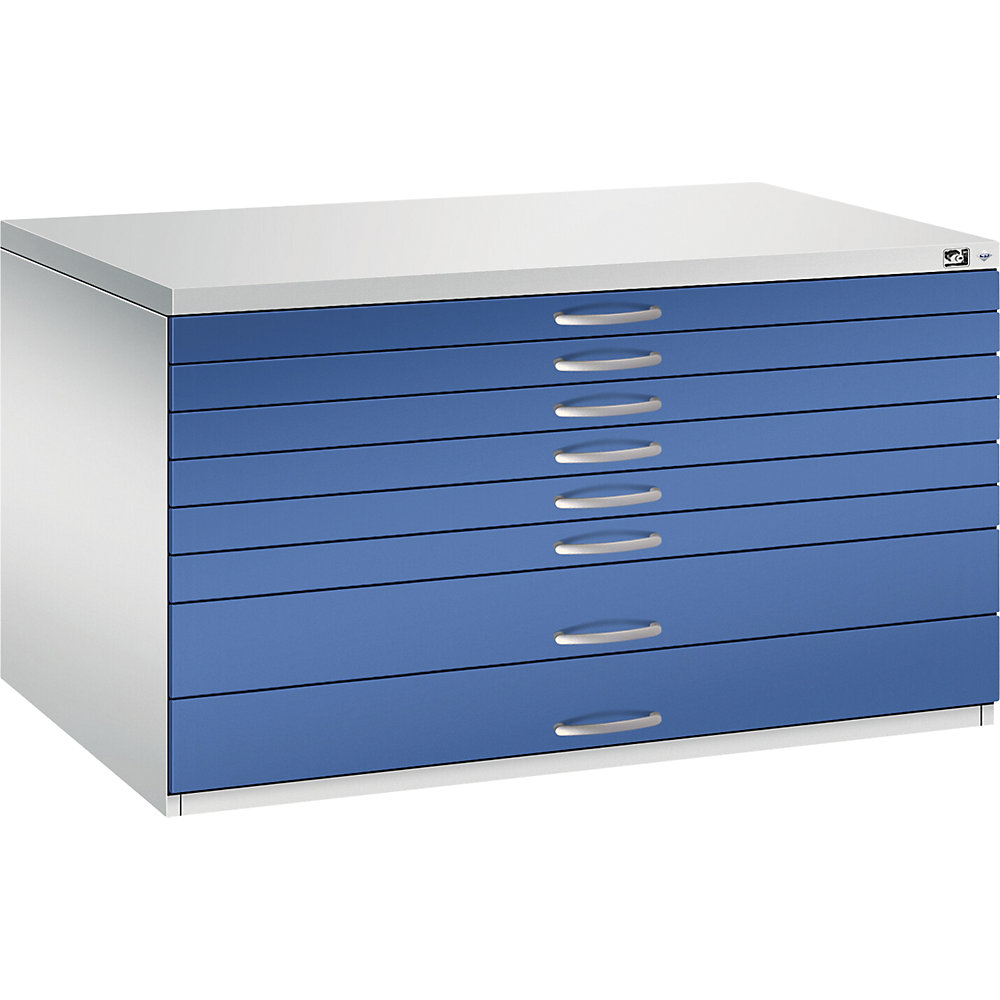 C+P Tekeningkast, A0, 8 laden, hoogte 760 mm, lichtgrijs/gentiaanblauw