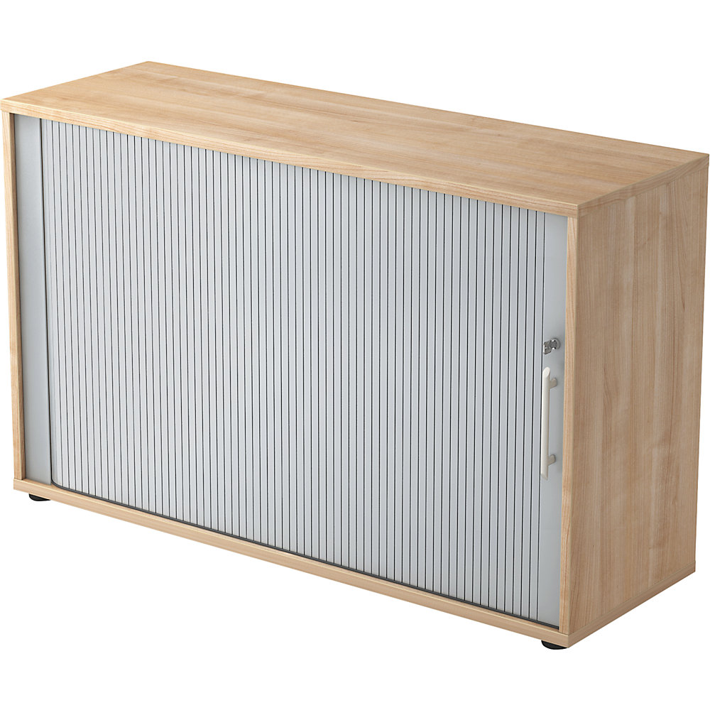 Roldeurkast, 2 legborden, 1 tussenwand, notenhoutdecor