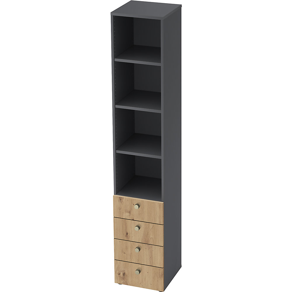 Eurokraft pro Combi-kast, 3 legborden, 4 laden, grafiet / eikenhout met noesten