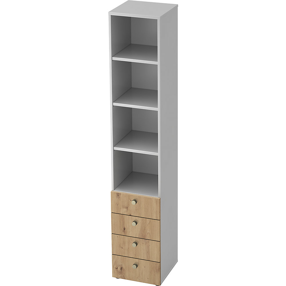 Eurokraft pro Combi-kast, 3 legborden, 4 laden, wit / eikenhout met noesten
