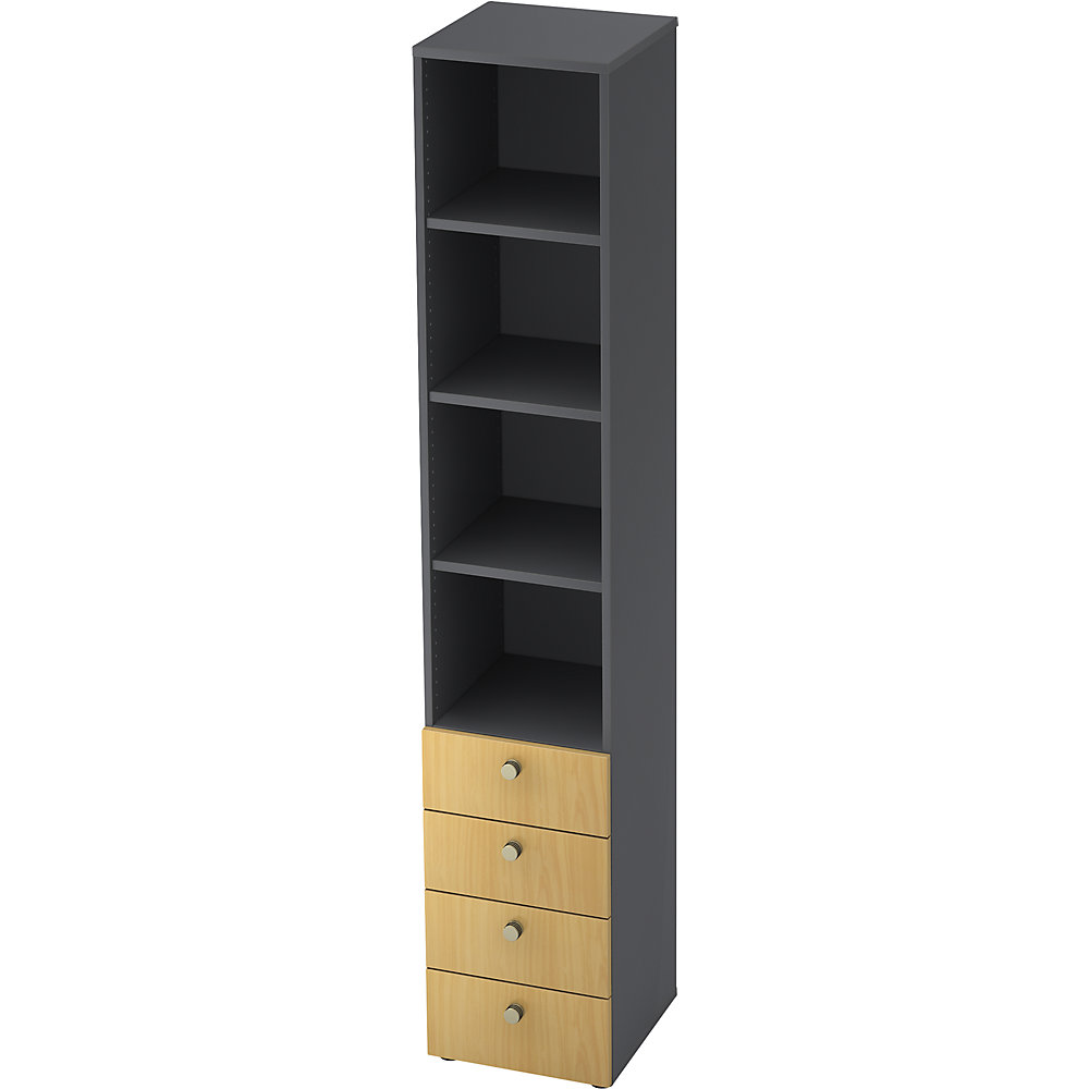 Eurokraft pro Combi-kast, 3 legborden, 4 laden, grafiet / beukenhout