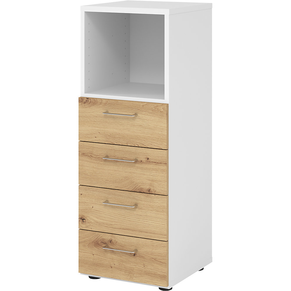 Eurokraft pro Stellingkast, 1 vak open / 4 laden, wit / eikenhout met noesten