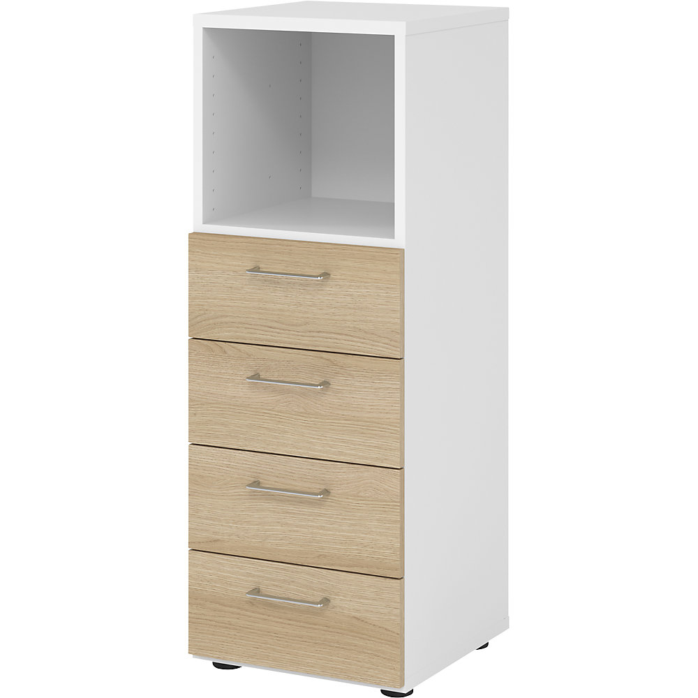 Eurokraft pro Stellingkast, 1 vak open / 4 laden, wit / eikenhout
