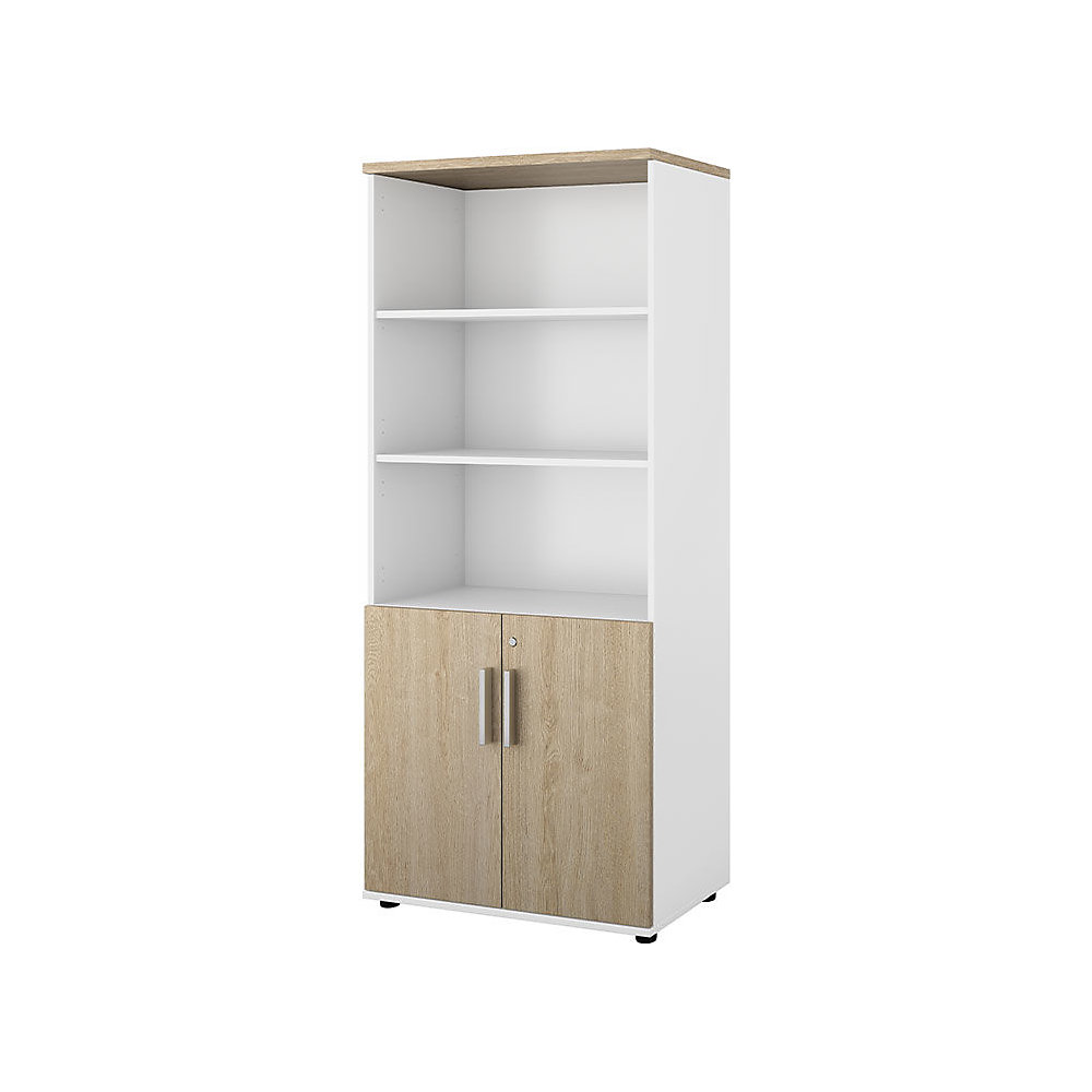 Kast Portland, b x d = 800 x 420 mm, h 1845 mm, deurhoogte 700 mm, wit geborsteld / eikenhout