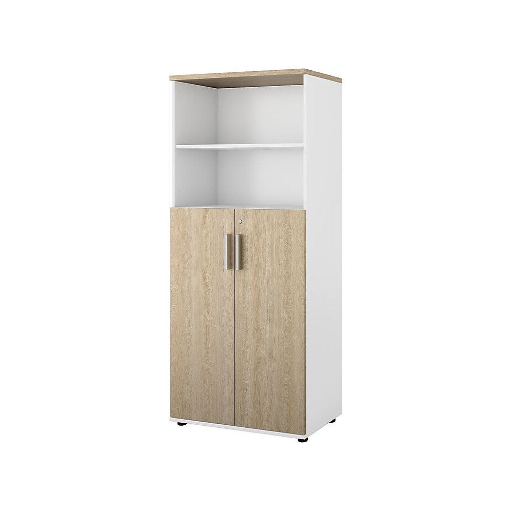 Kast Portland, b x d = 800 x 420 mm, h 1845 mm, deurhoogte 1060 mm, wit geborsteld / eikenhout