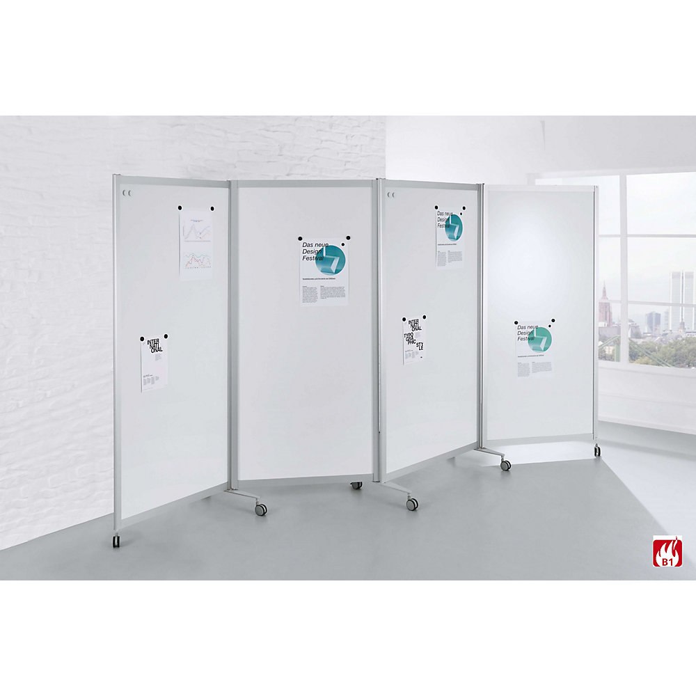 Mobiel kamerscherm, vlamvertragend, aluminium frame, magnetisch bordoppervlak, h x b x d = 1900 x 3700 x 450 mm, wit