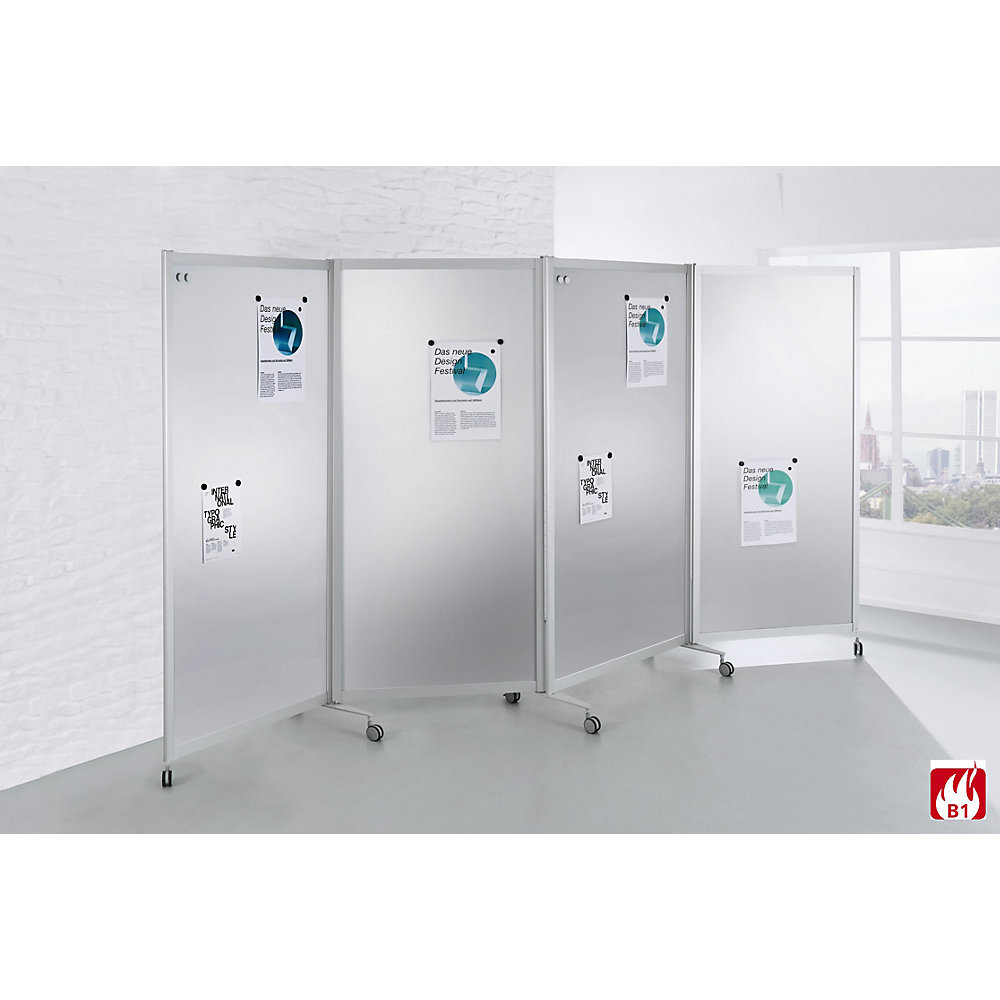 Mobiel kamerscherm, vlamvertragend, aluminium frame, magnetisch bordoppervlak, h x b x d = 1900 x 3700 x 450 mm, zilverkleurig