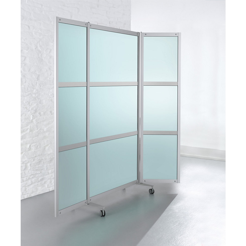 Mobiel kamerscherm, vlamvertragend, aluminium frame met ESG-veiligheidsglas, h x b x d = 1900 x 2000 x 450 mm, gesatineerd