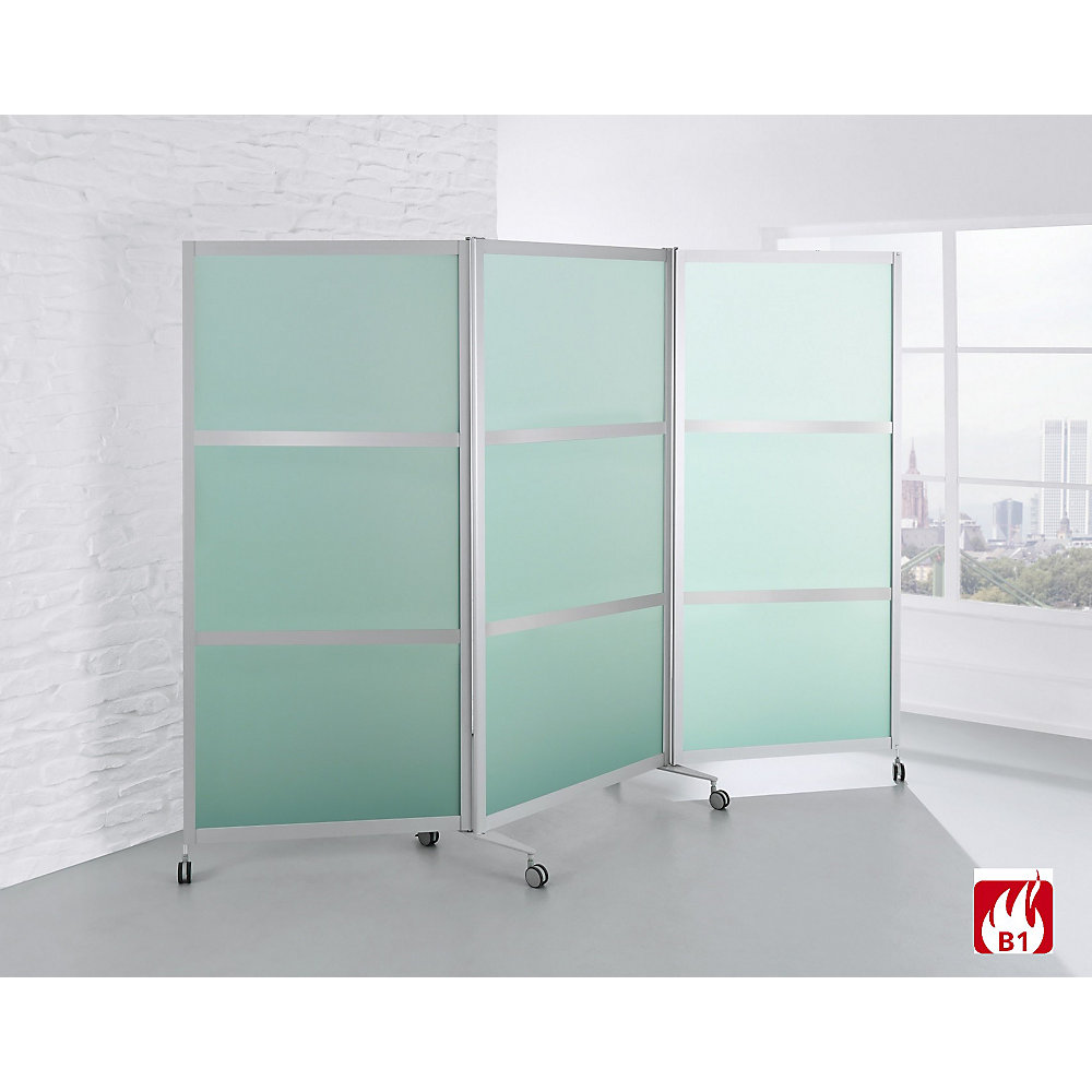 Mobiel kamerscherm, vlamvertragend, aluminium frame met ESG-veiligheidsglas, h x b x d = 1900 x 2800 x 450 mm, gesatineerd