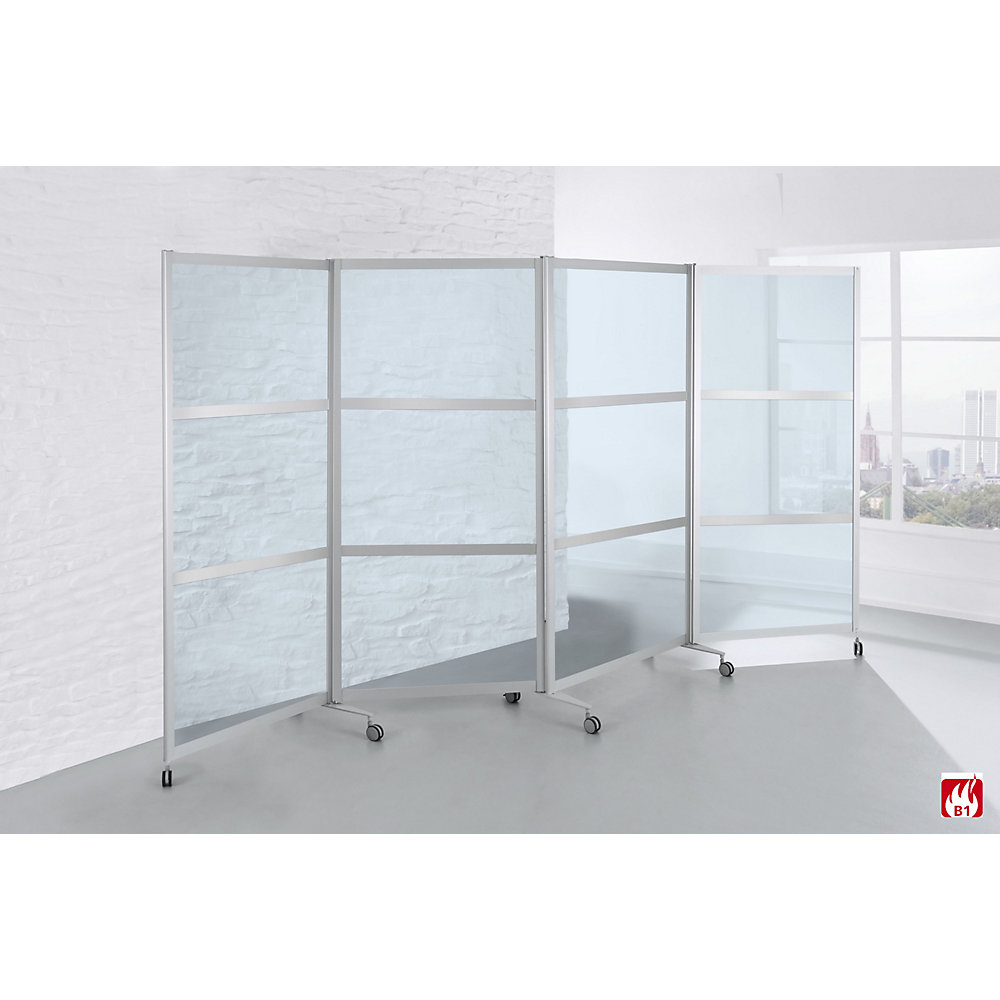 Mobiel kamerscherm, vlamvertragend, aluminium frame met ESG-veiligheidsglas, h x b x d = 1900 x 3700 x 450 mm, helder