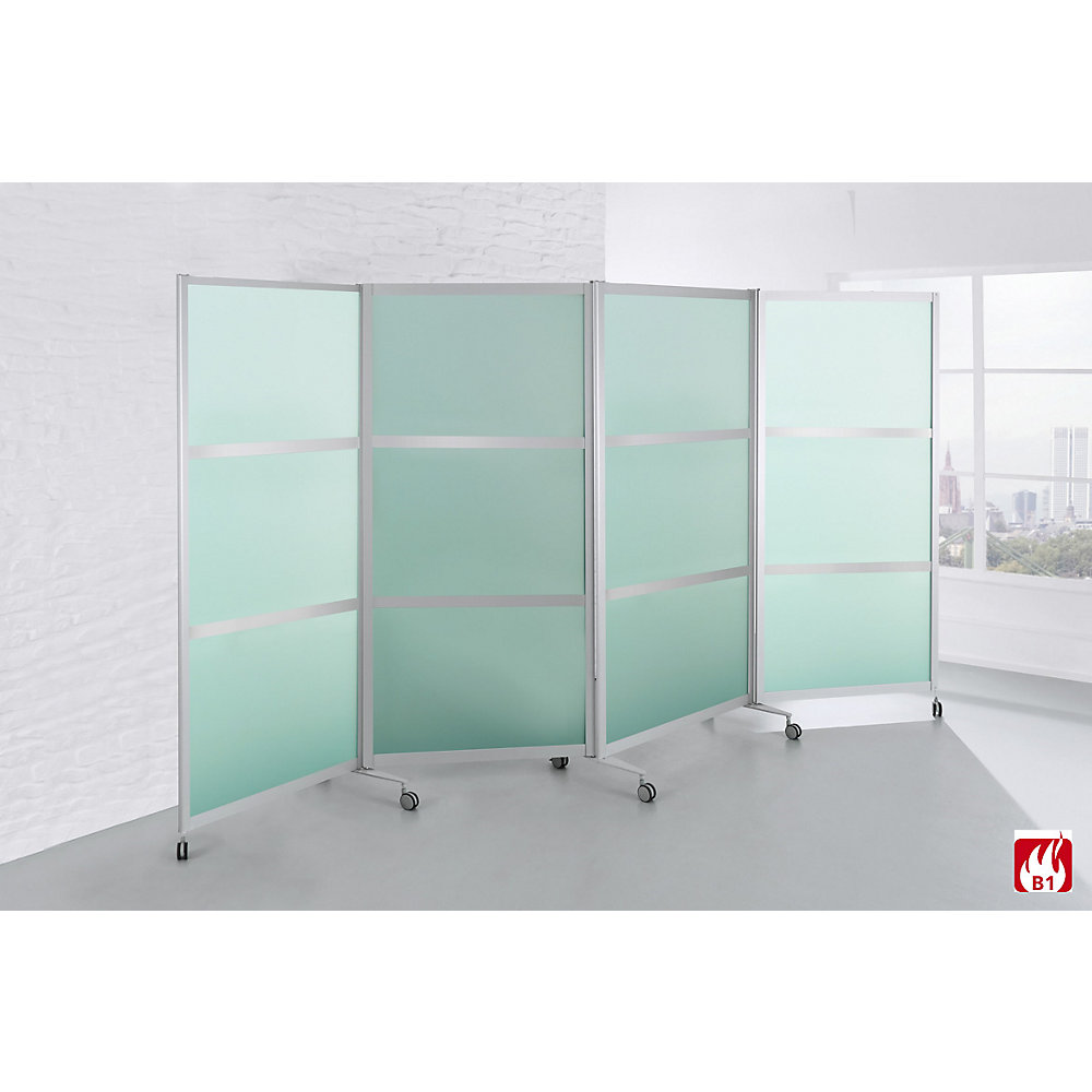 Mobiel kamerscherm, vlamvertragend, aluminium frame met ESG-veiligheidsglas, h x b x d = 1900 x 3700 x 450 mm, gesatineerd