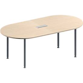 Schäfer Shop Genius Vergadertafel MODENA FLEX, in hoogte verstelbaar, 3-voudige contactdoos, ovale vorm, 4-poot ronde buis, 2000 x 1000 mm, esdoornpatroon