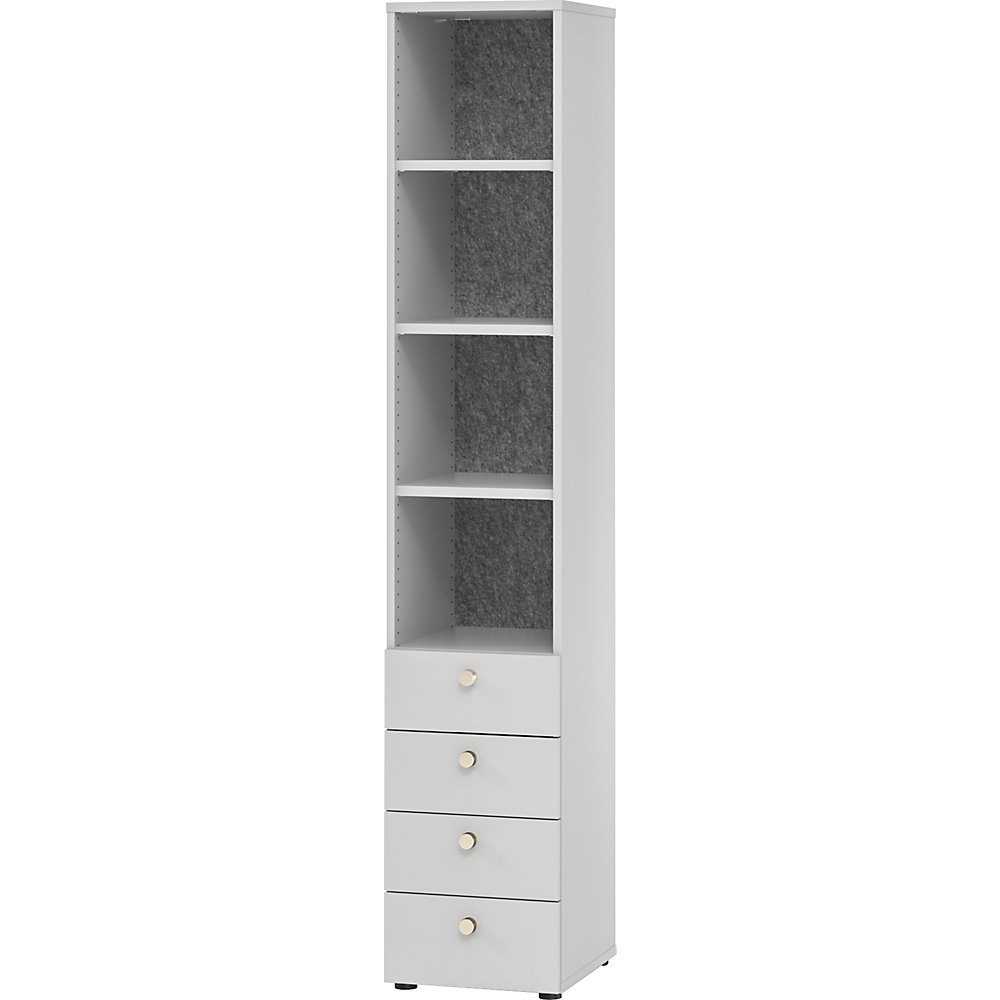 ANNY-AC - Combinatiekast met akoestische achterwand, 5 legborden, 4 laden, lichtgrijs