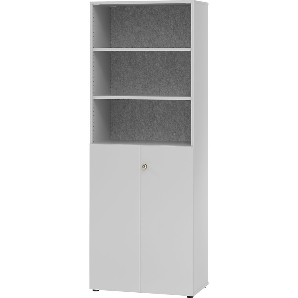 ANNY-AC - Combinatiekast met akoestische achterwand, 5 legborden, 2 vleugeldeuren, lichtgrijs