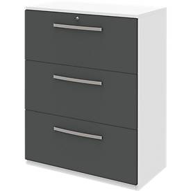 Hangmappenkast BARI, 3 schuifladen, centrale vergrendeling, B 819 x D 430 x H 1117 mm, wit/antraciet