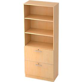 Hangmappenkast JENA, 5 ordnerhoogten, B 800 mm, 2 schuifladen, afsluitbaar, esdoornpatroon