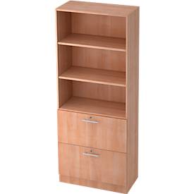 Hangmappenkast JENA, 5 ordnerhoogten, B 800 mm, 2 schuifladen, afsluitbaar, notenhoutpatroon