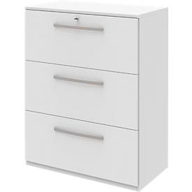 Hangmappenkast BARI, 3 schuifladen, centrale vergrendeling, B 819 x D 430 x H 1117 mm, wit