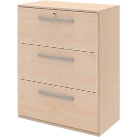 Hangmappenkast BARI, 3 schuifladen, centrale vergrendeling, B 819 x D 430 x H 1117 mm, esdoornpatroon