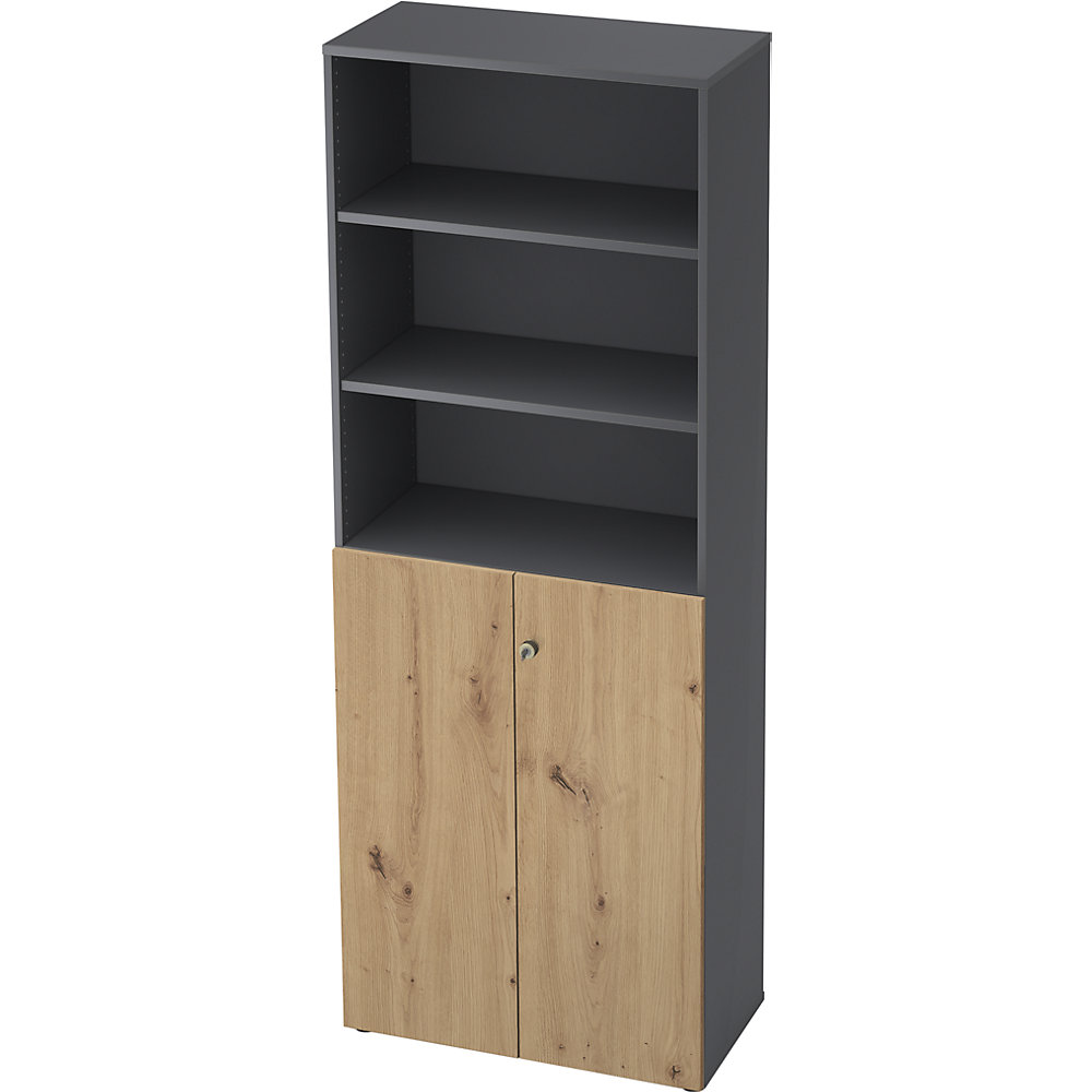 Eurokraft pro Combi-kast, 5 legborden, 2 vleugeldeuren, grafiet / eikenhout met noesten