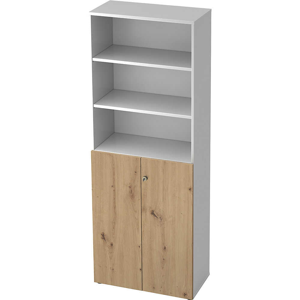 Eurokraft pro Combi-kast, 5 legborden, 2 vleugeldeuren, wit / eikenhout met noesten