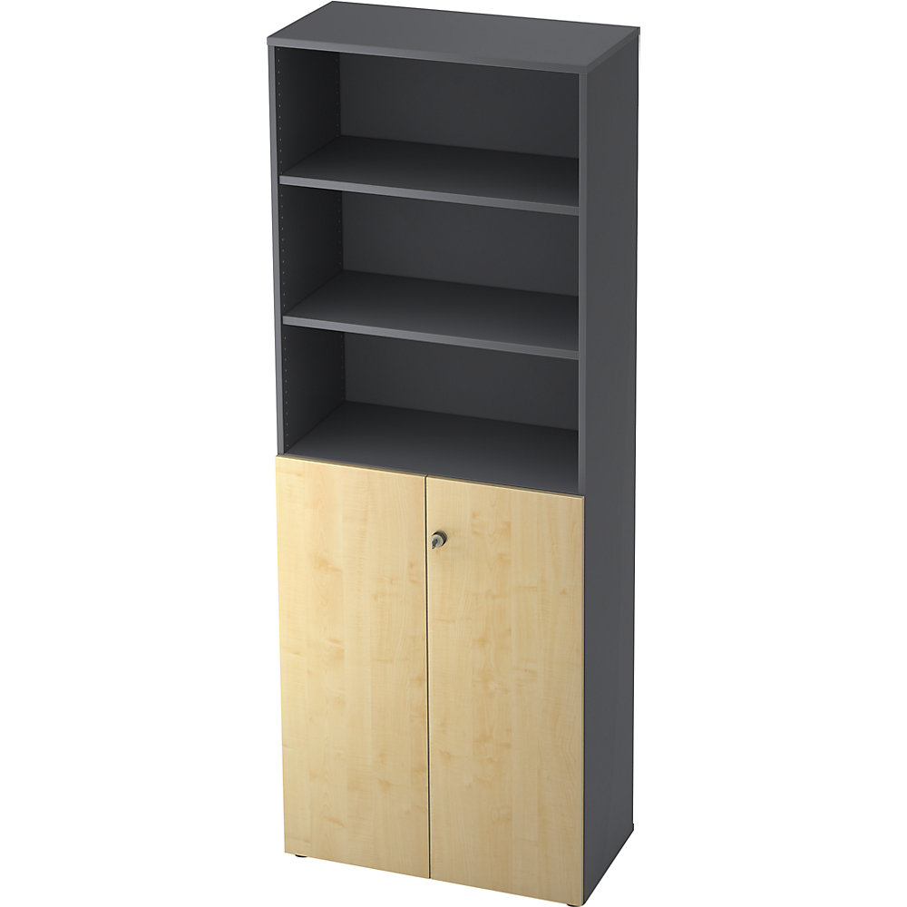 Eurokraft pro Combi-kast, 5 legborden, 2 vleugeldeuren, grafiet / ahornhoutdecor
