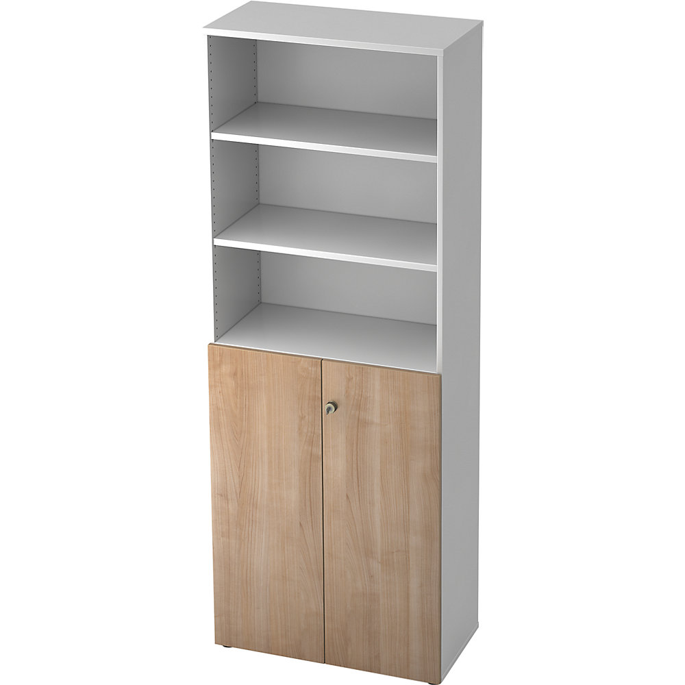 Eurokraft pro Combi-kast, 5 legborden, 2 vleugeldeuren, wit / notenhoutdecor