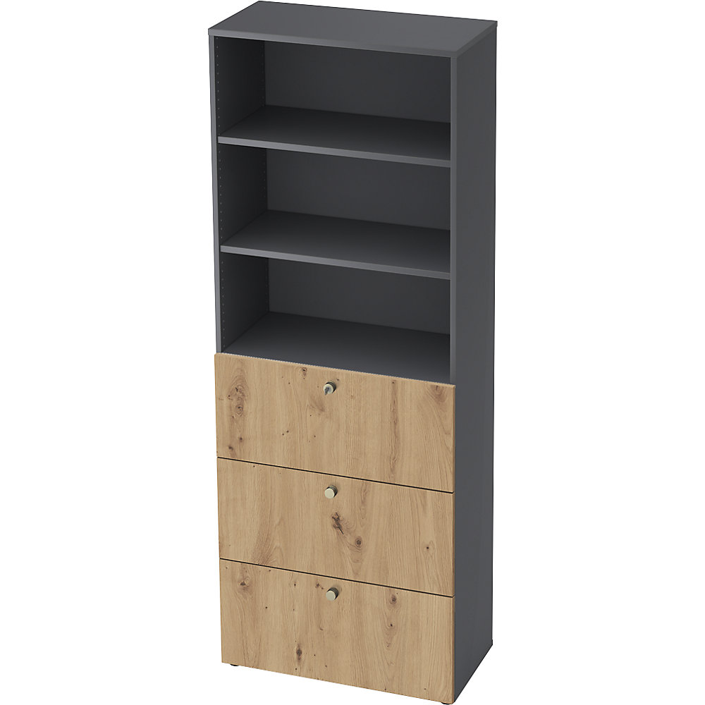 Eurokraft pro Combi-kast, 2 legborden, 3 hangmappenladen, grafiet / eikenhout met noesten