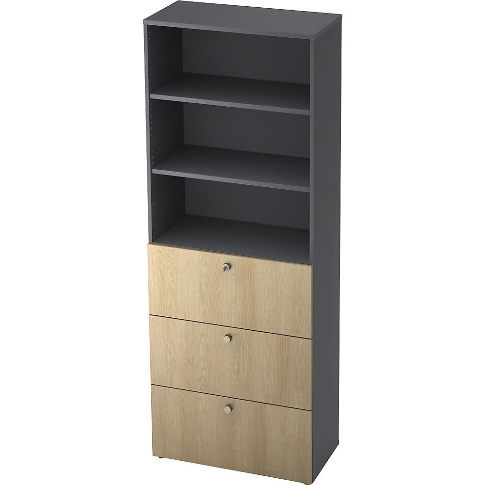 Eurokraft pro Combi-kast, 2 legborden, 3 hangmappenladen, grafiet / eikenhout