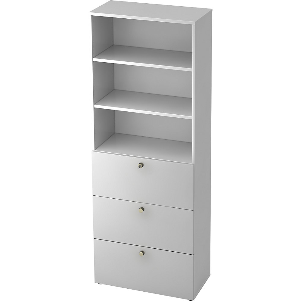 Eurokraft pro Combi-kast, 2 legborden, 3 hangmappenladen, wit / aluminiumzilver