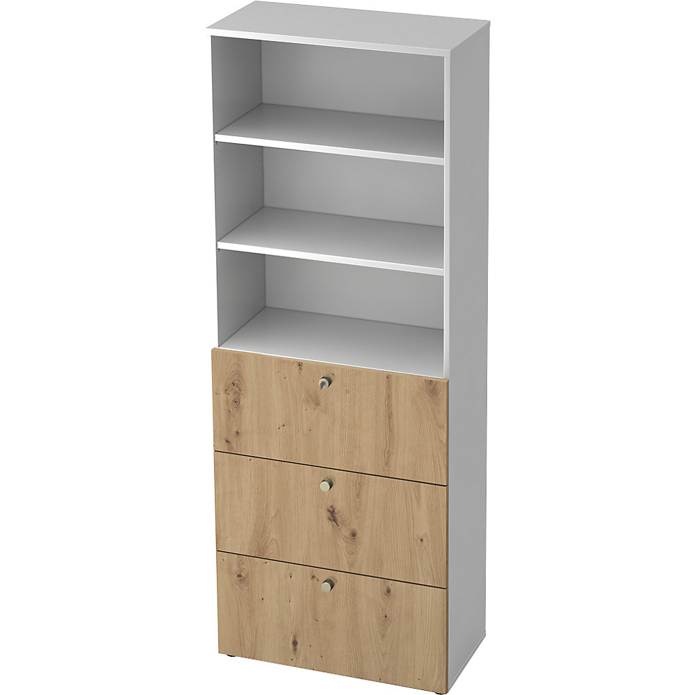 Eurokraft pro Combi-kast, 2 legborden, 3 hangmappenladen, wit / eikenhout met noesten