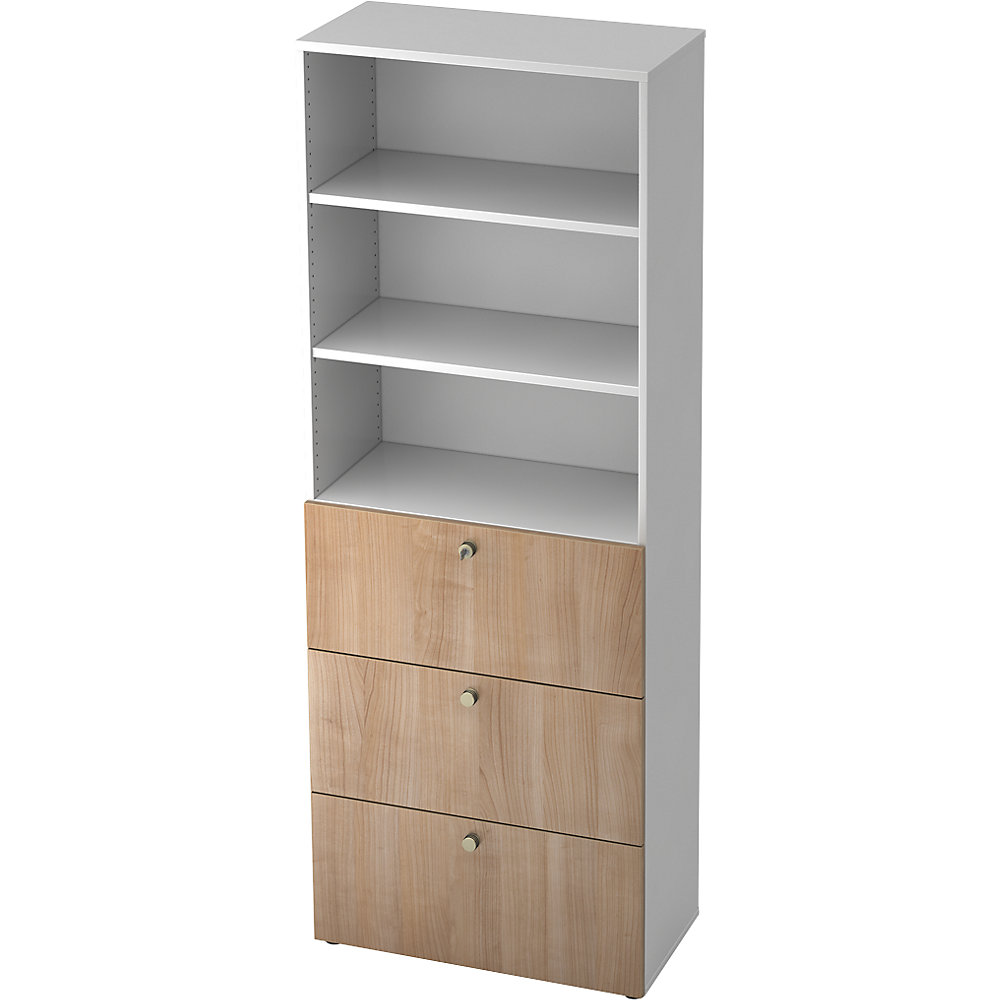 Eurokraft pro Combi-kast, 2 legborden, 3 hangmappenladen, wit / notenhoutdecor