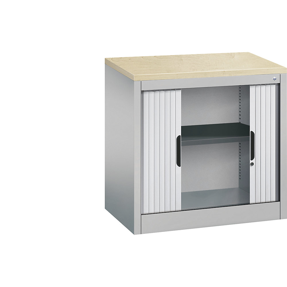 C+P Roldeurkast met horizontale roldeuren, h x b x d = 720 x 800 x 420 mm, 1 legbord, 1,5 ordnerhoogte, blank aluminiumkleurig