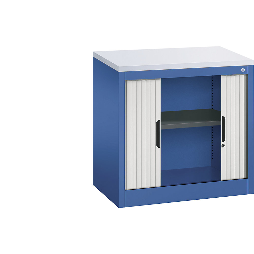 C+P Roldeurkast met horizontale roldeuren, h x b x d = 720 x 800 x 420 mm, 1 legbord, 1,5 ordnerhoogte, gentiaanblauw / lichtgrijs