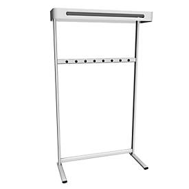 Verrijdbare kapstok Sevilla, gepoedercoat staal in aluminium zilver, met 10 dubbele haken
