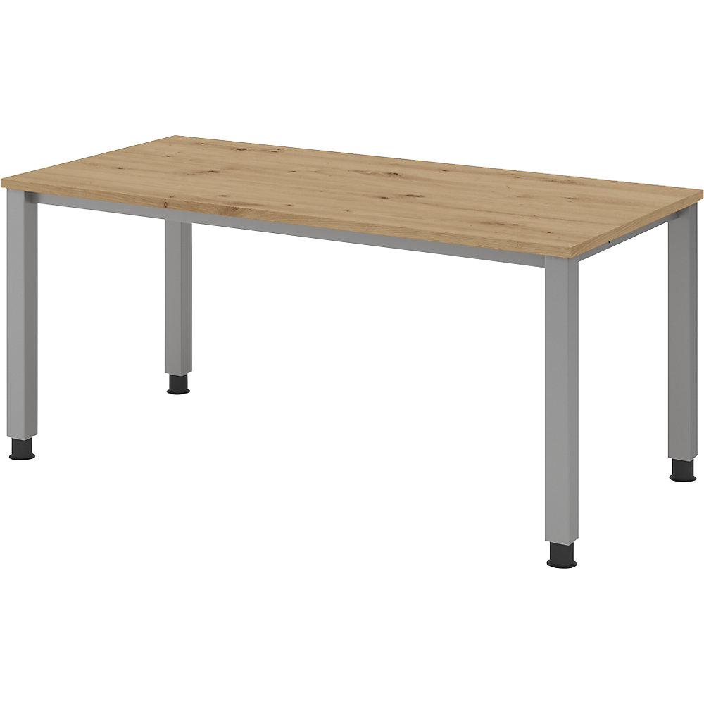 Eurokraft pro Bureautafel, onderstel met 4 poten, breedte 1600 mm, aluminiumzilver, eikenhout met noesten
