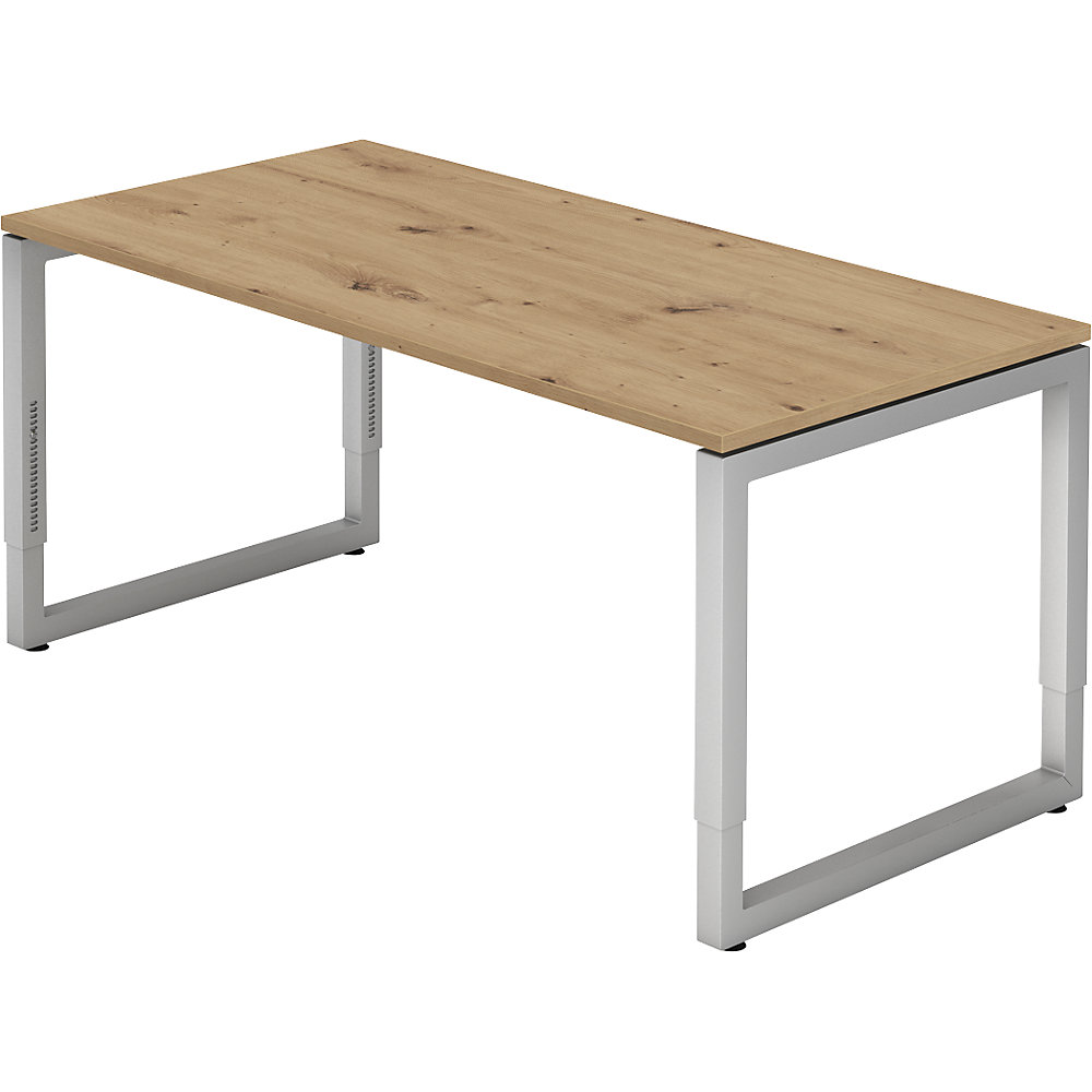 Eurokraft pro Bureautafel met frame van vierkante staalbuis, hoogte 650 - 850 mm, b x d = 1600 x 800 mm, ahornhout / aluminiumzilver