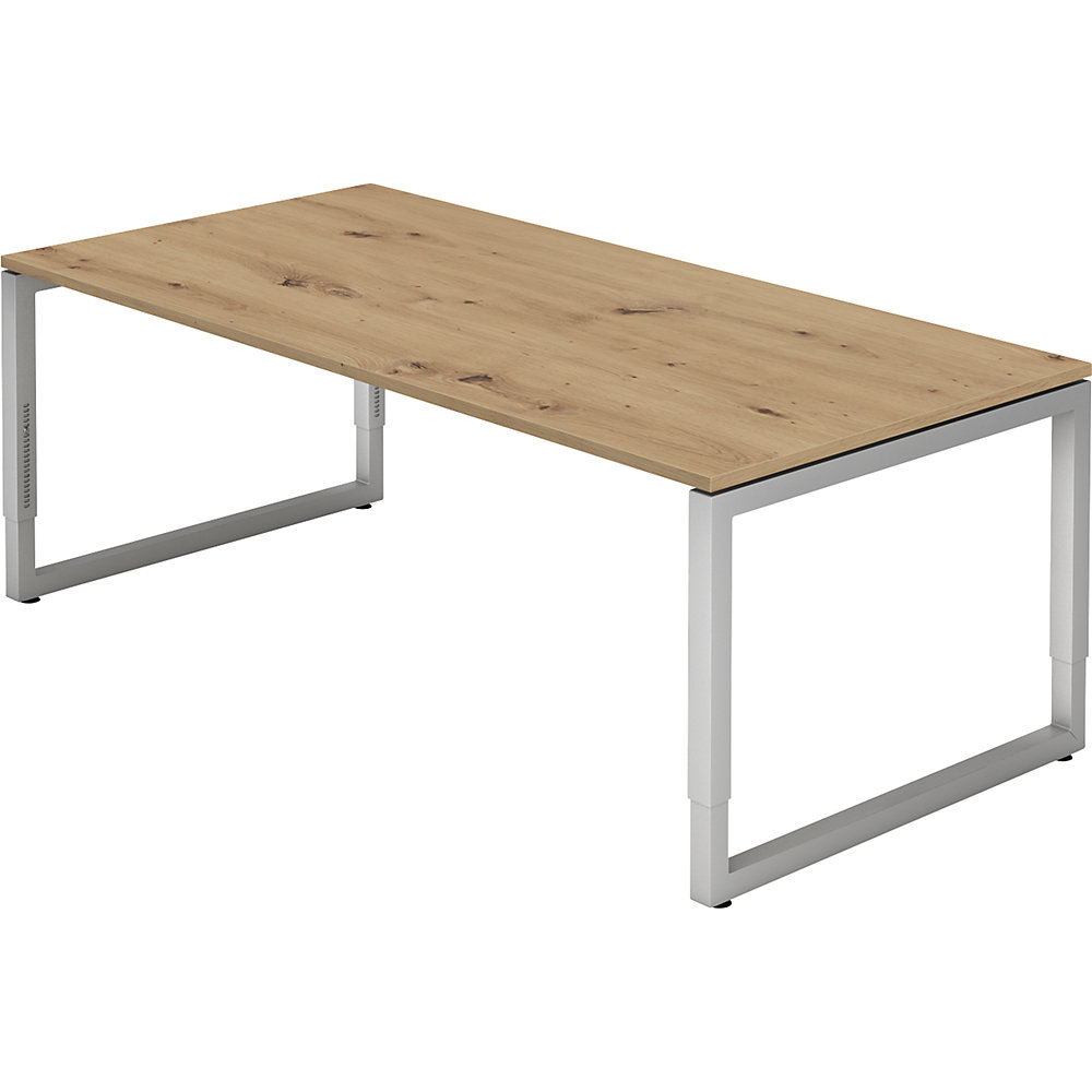 Eurokraft pro Bureautafel met frame van vierkante staalbuis, hoogte 650 - 850 mm, b x d = 2000 x 1000 mm, ahornhout / aluminiumzilver