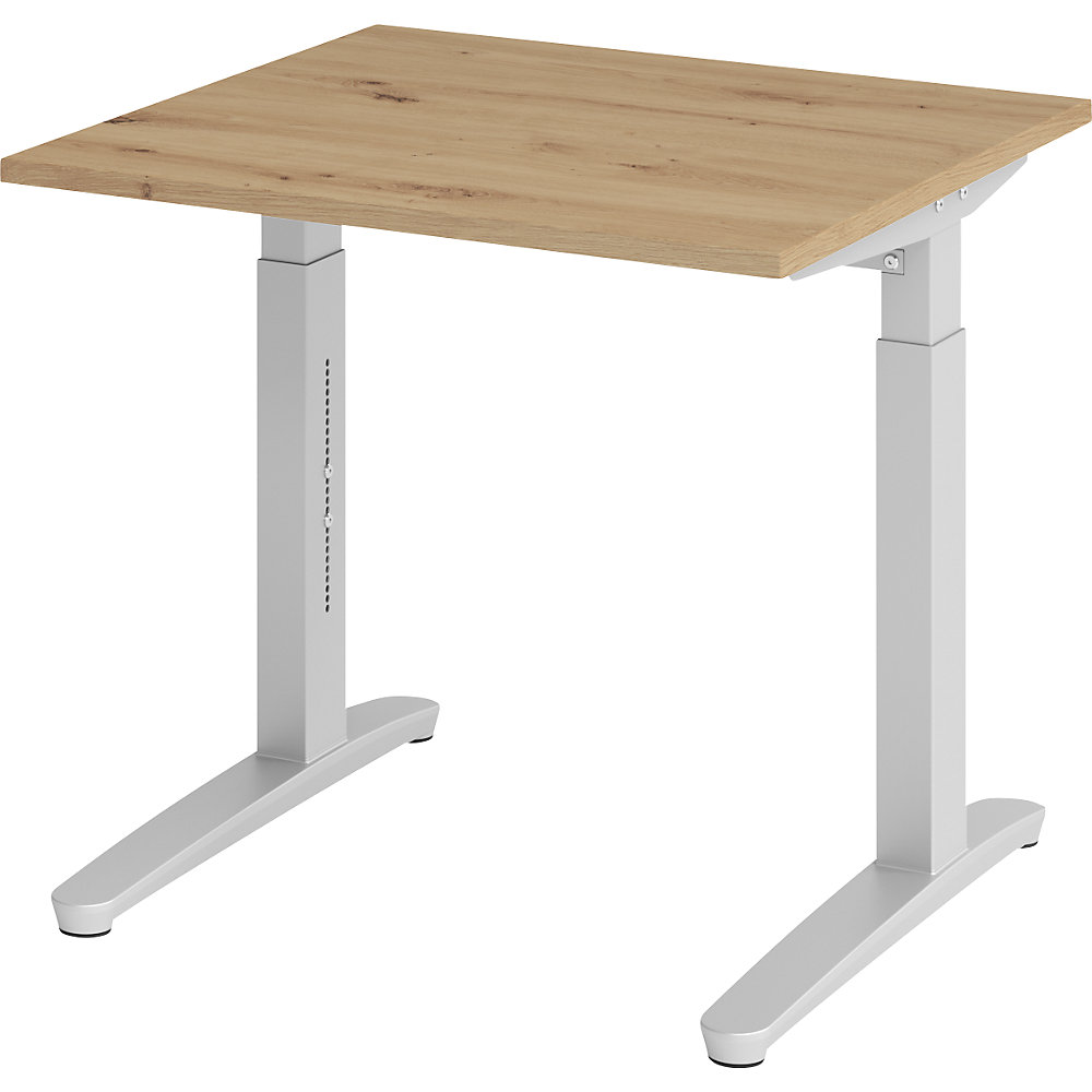 Eurokraft pro ANNY - Bureautafel met C-vormig onderstel, in hoogte verstelbaar 650 - 850 mm, breedte 800 mm, eikenhout met noesten / aluminiumzilver