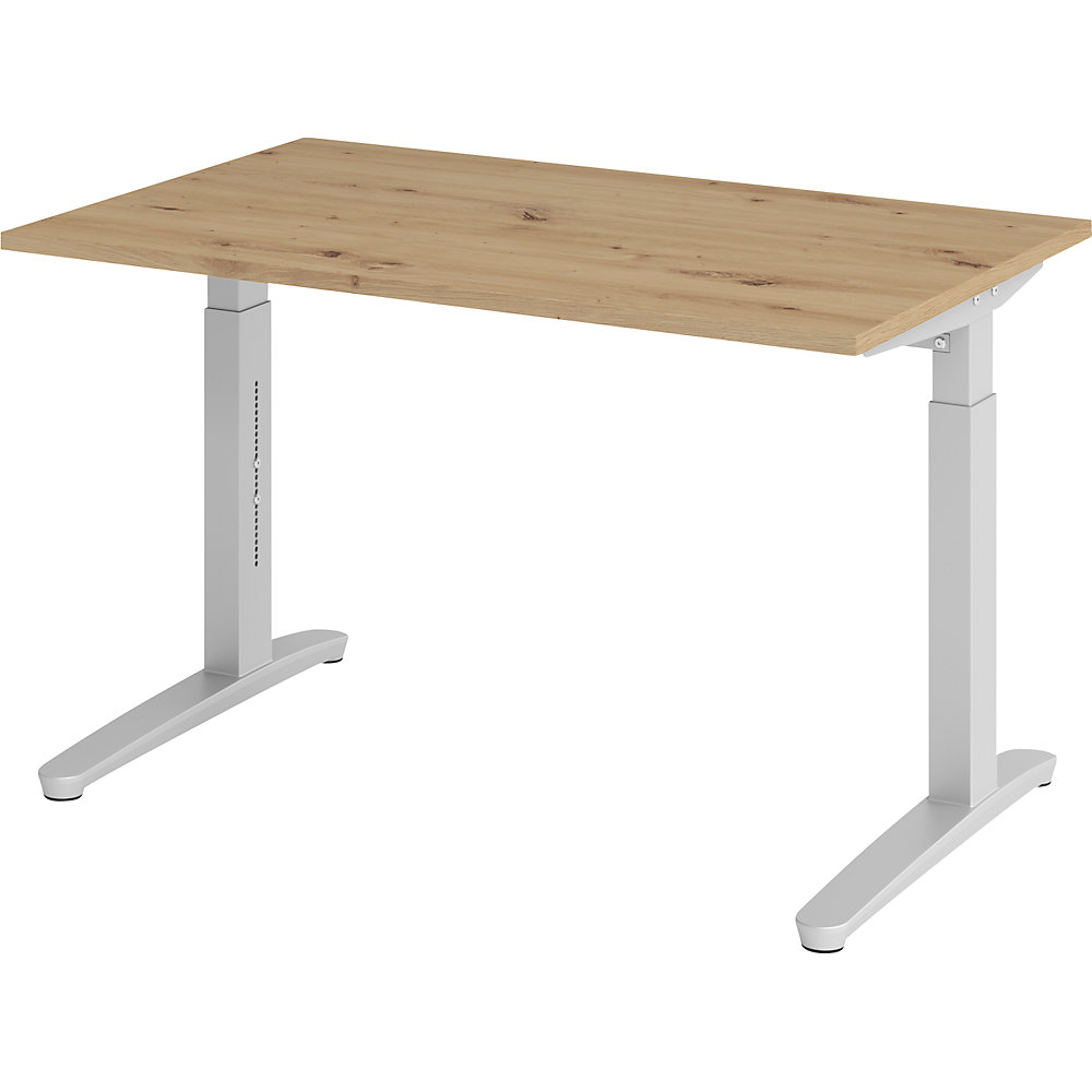 Eurokraft pro ANNY - Bureautafel met C-vormig onderstel, in hoogte verstelbaar 650 - 850 mm, breedte 1200 mm, eikenhout met noesten / aluminiumzilver