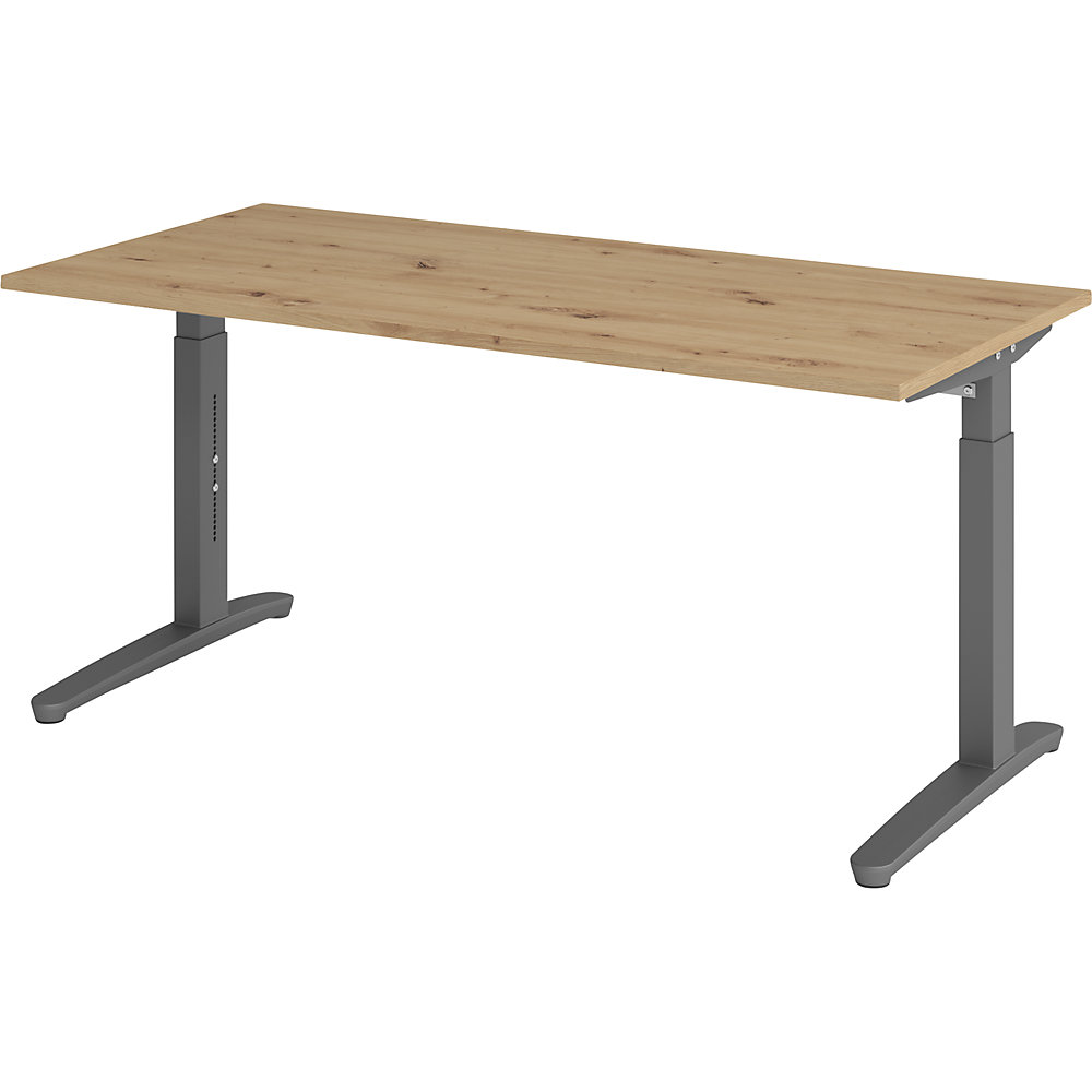 Eurokraft pro ANNY - Bureautafel met C-vormig onderstel, in hoogte verstelbaar 650 - 850 mm, breedte 1600 mm, eikenhout met noesten / grafiet